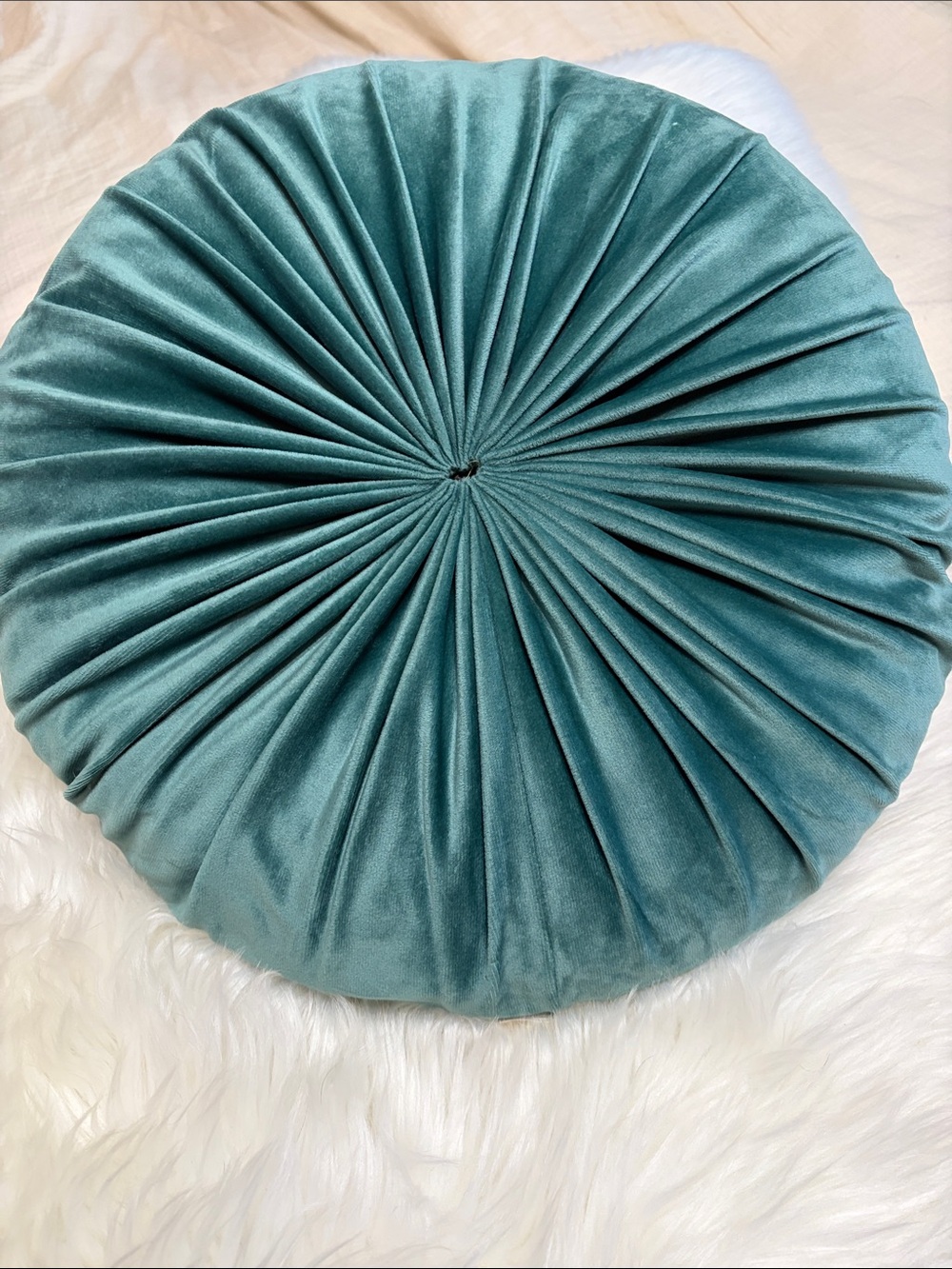 Round Velvet Pleated Throw Pillow in Teal